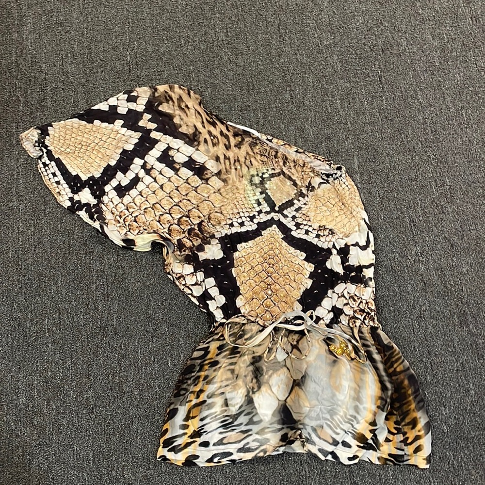 Elizabeth Hurley one shoulder snakeskin top with gold rhinestones tags on